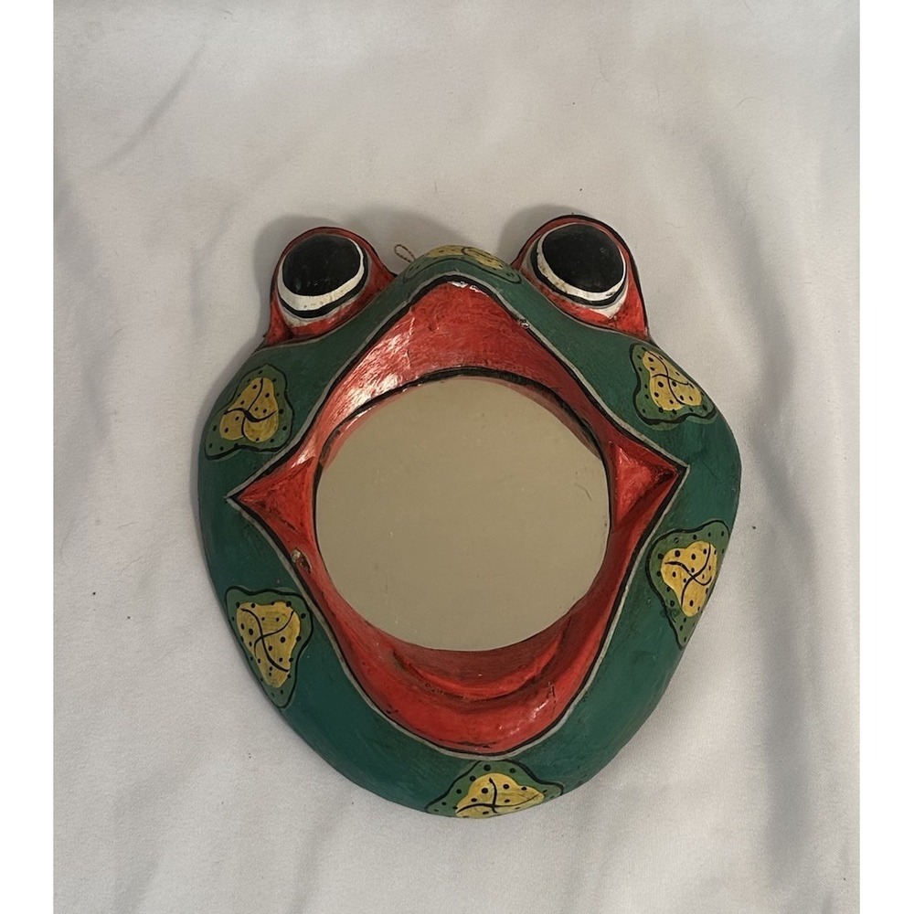 Vintage Hand Carved & Painted Wooden Frog Mirror Wall Hanging - Indonesia